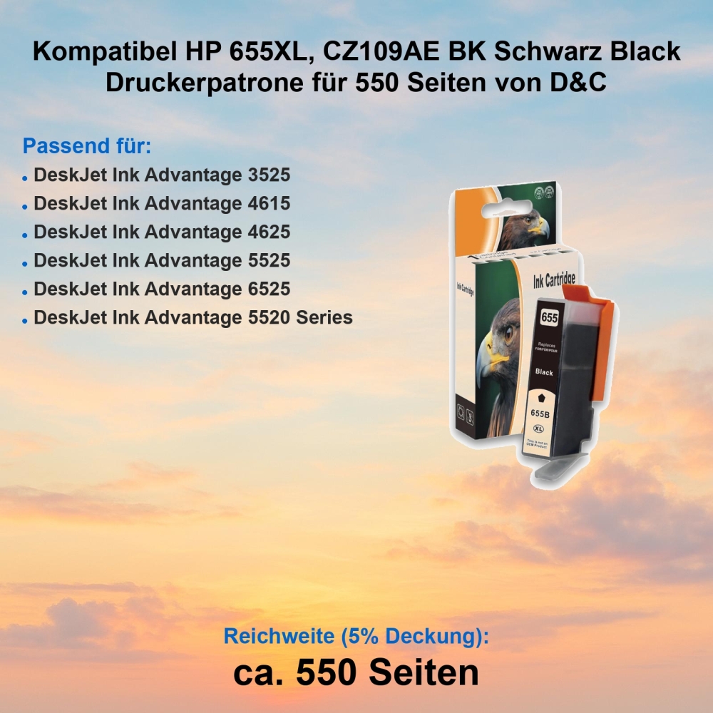 Kompatibel HP 655XL, CZ109AE BK Schwarz Black Druckerpatrone für 550 Seiten von D&C