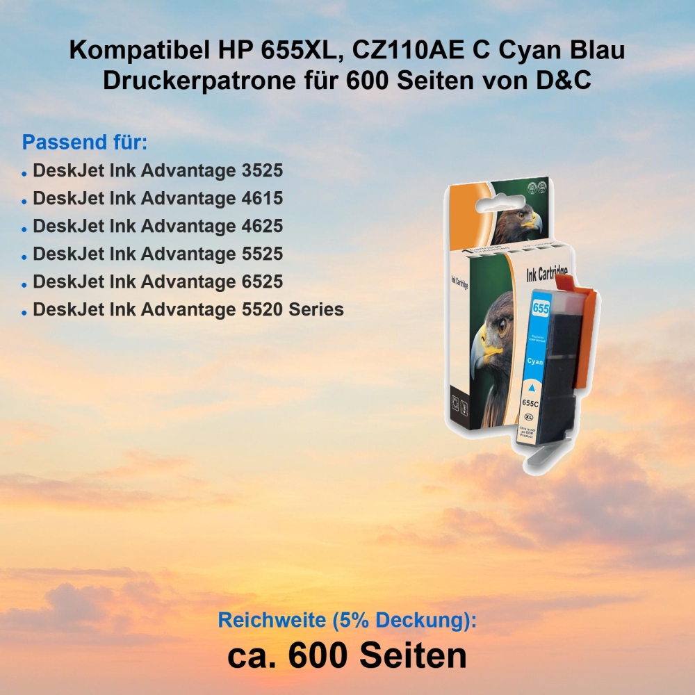 Kompatibel HP 655XL, CZ110AE C Cyan Blau Druckerpatrone für 600 Seiten von D&C