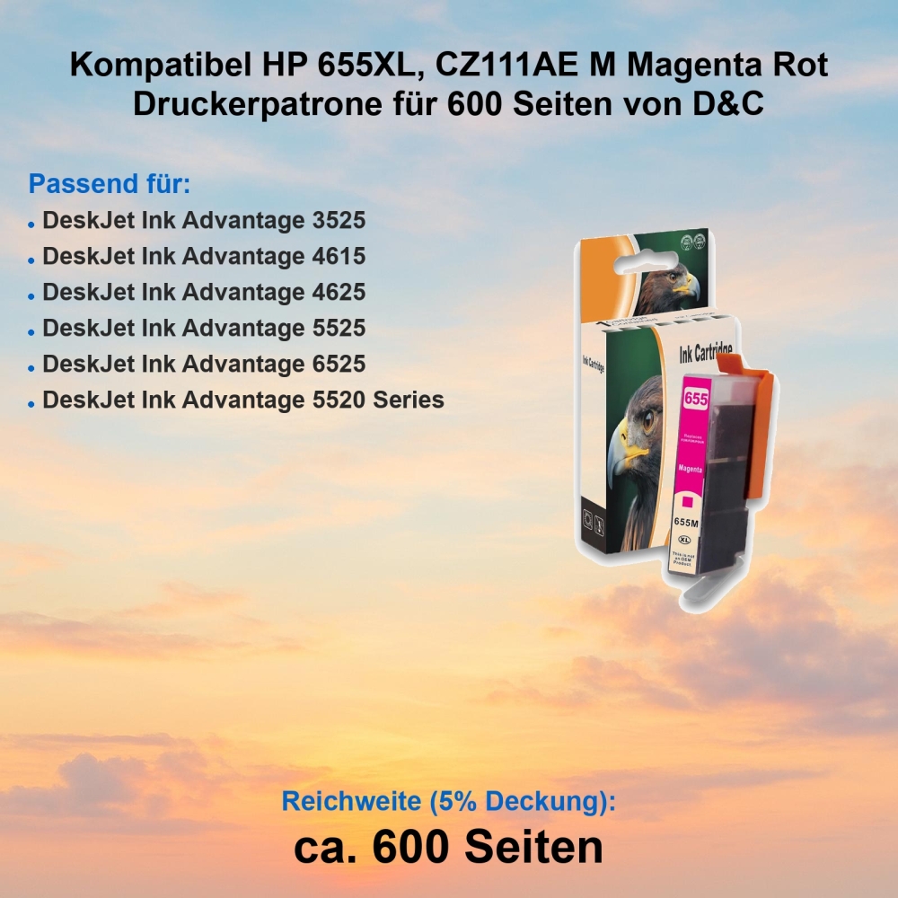 Kompatibel HP 655XL, CZ111AE M Magenta Rot Druckerpatrone für 600 Seiten von D&C