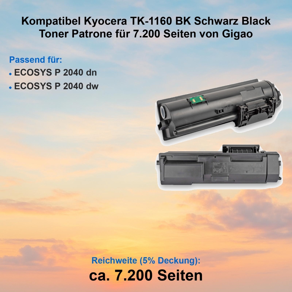 Kompatibel Kyocera TK-1160 BK Schwarz Black Toner Patrone für 7.200 Seiten von Gigao