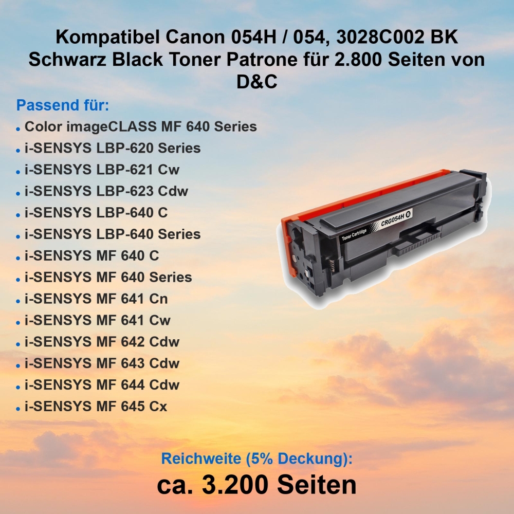 Kompatibel Canon 054H / 054, 3028C002 BK Schwarz Black Toner Patrone für 2.800 Seiten von D&C
