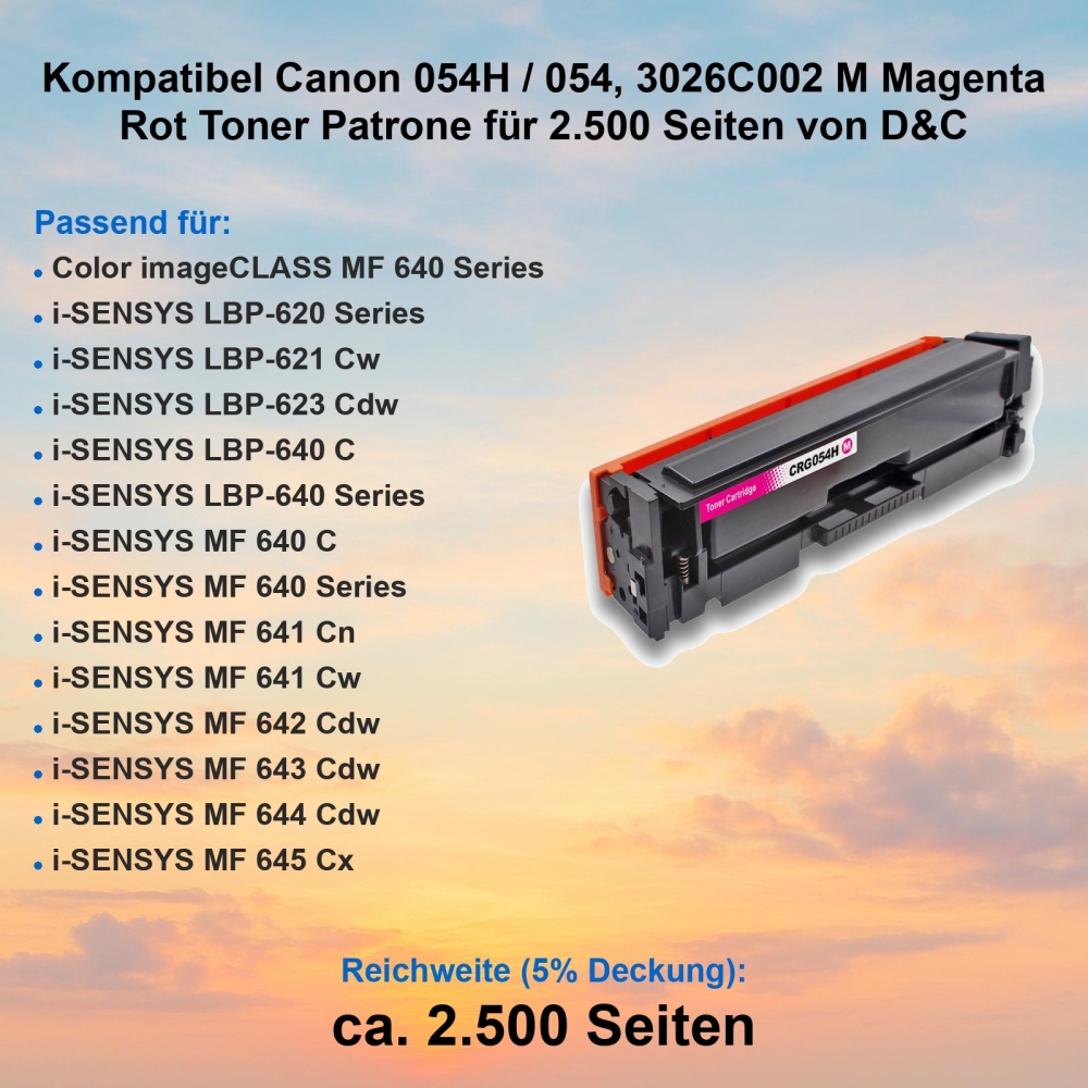Kompatibel Canon 054H / 054, 3026C002 M Magenta Rot Toner Patrone für 2.500 Seiten von D&C
