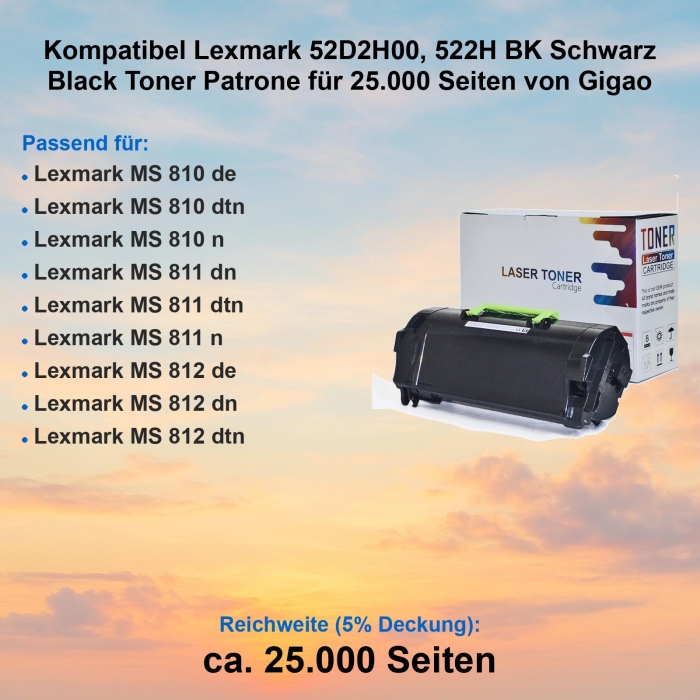 Kompatibel Lexmark 52D2H00, 522H BK Schwarz Black Toner Patrone für 25.000 Seiten von Gigao