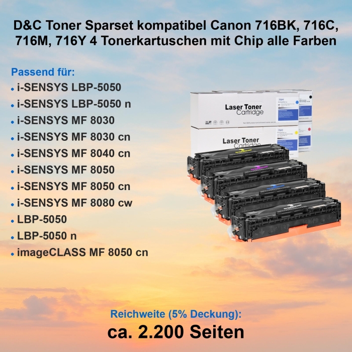 Kompatibel Canon 716BK, 716C, 716M, 716Y Sparset 4 Toner alle Farben von D&C