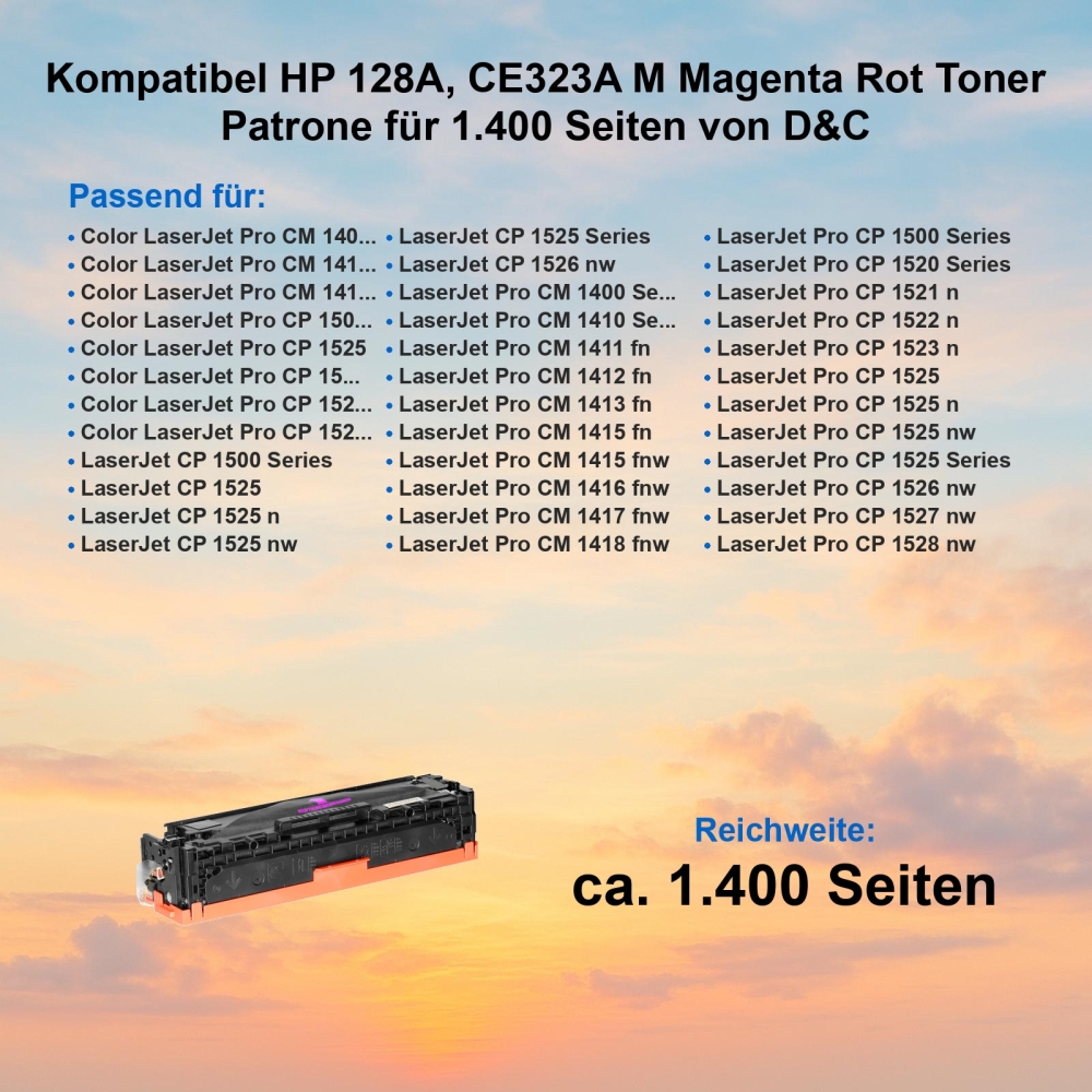 Kompatibel HP 128A, CE323A M Magenta Rot Toner Patrone für 1.400 Seiten von D&C