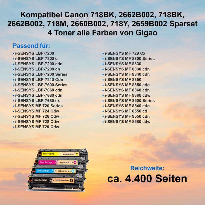 Kompatibel Canon 718BK, 2662B002, 718BK, 2662B002, 718M, 2660B002, 718Y, 2659B002 Sparset 4 Toner alle Farben von Gigao