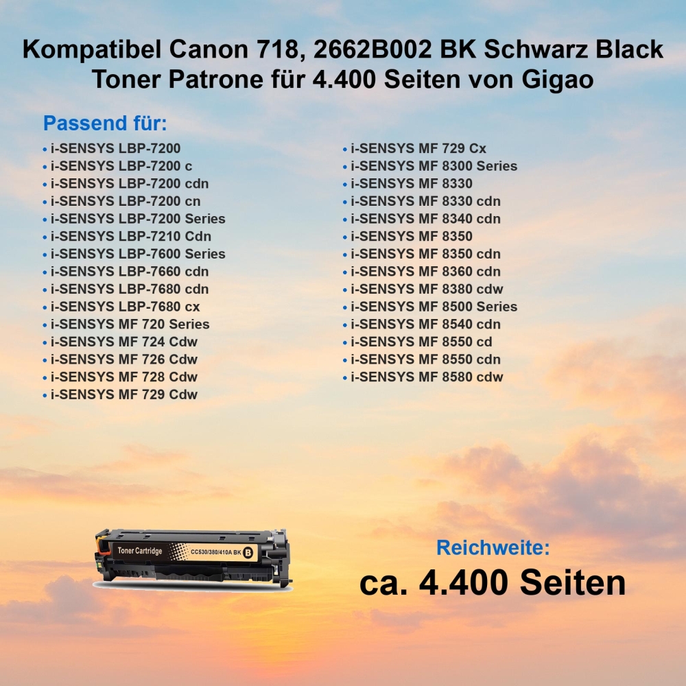 Kompatibel Canon 718, 2662B002 BK Schwarz Black Toner Patrone für 4.400 Seiten von Gigao