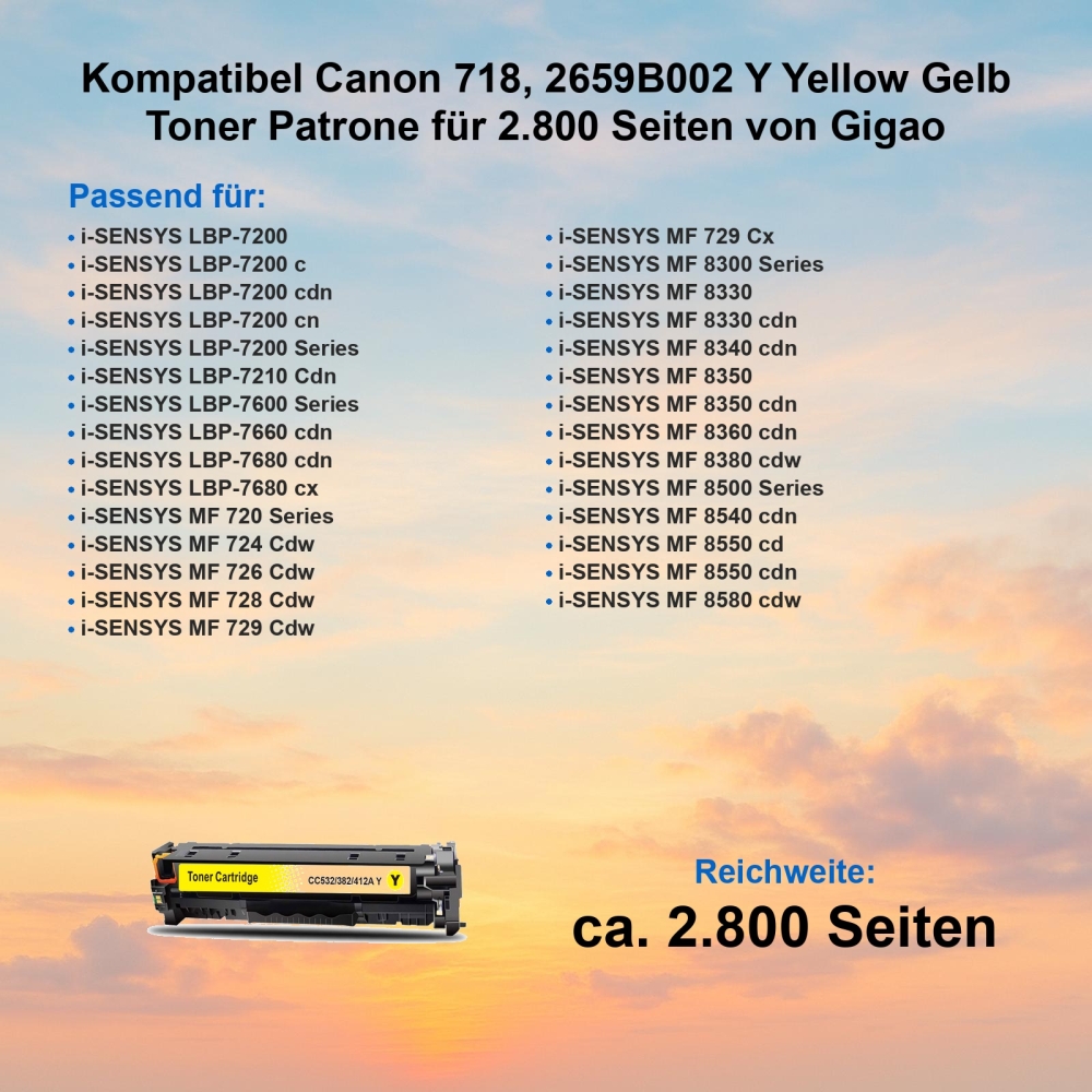 Kompatibel Canon 718, 2659B002 Y Yellow Gelb Toner Patrone für 2.800 Seiten von Gigao