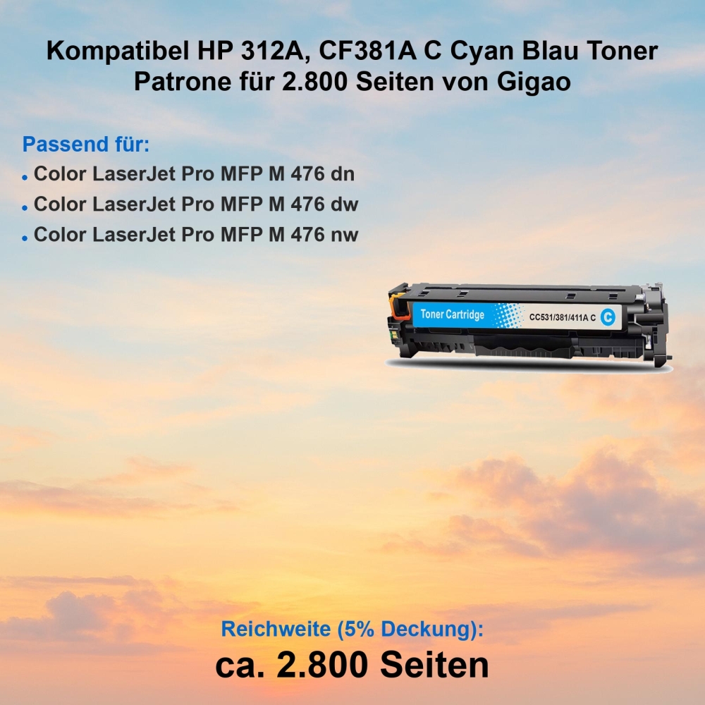 Kompatibel HP 312A, CF381A C Cyan Blau Toner Patrone für 2.800 Seiten von Gigao