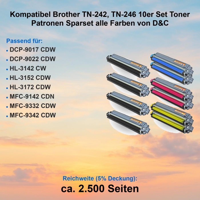 D&C 10 Toner Set kompatibel Brother TN-242, TN-246 enthältt alle Farben