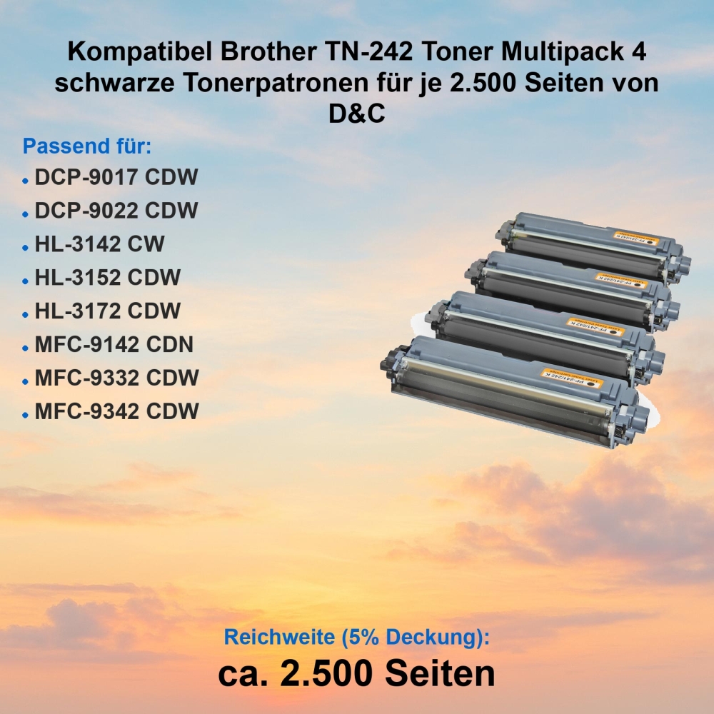 Kompatibel Brother TN-242 Toner Multipack 4 schwarze Tonerpatronen für je 2.500 Seiten von D&C