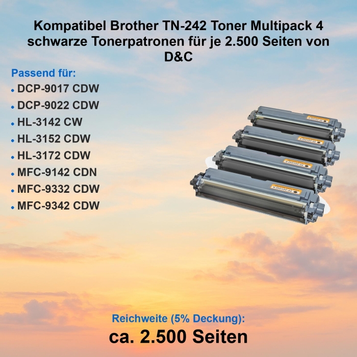 Kompatibel Brother TN-242 Toner Multipack 4 schwarze Tonerpatronen für je 2.500 Seiten von D&C