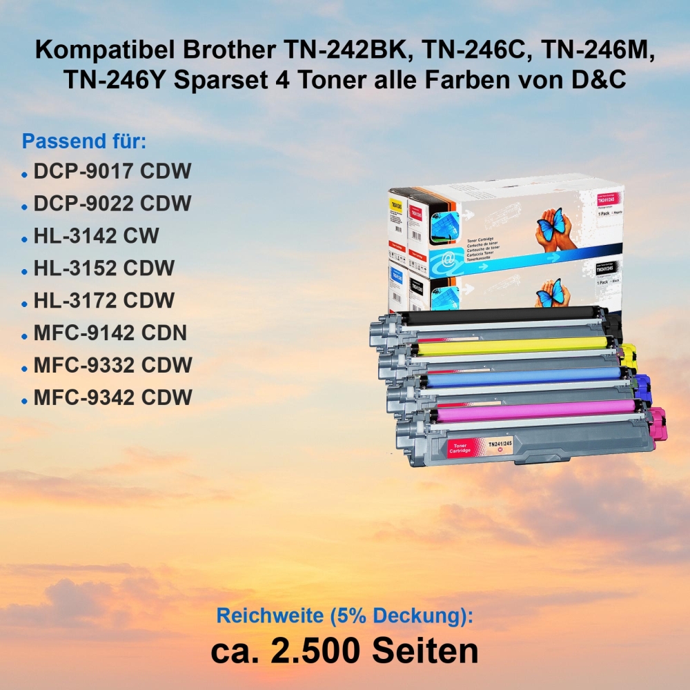 Kompatibel Brother TN-242BK, TN-246C, TN-246M, TN-246Y VAL Sparset 4 Toner alle Farben von D&C