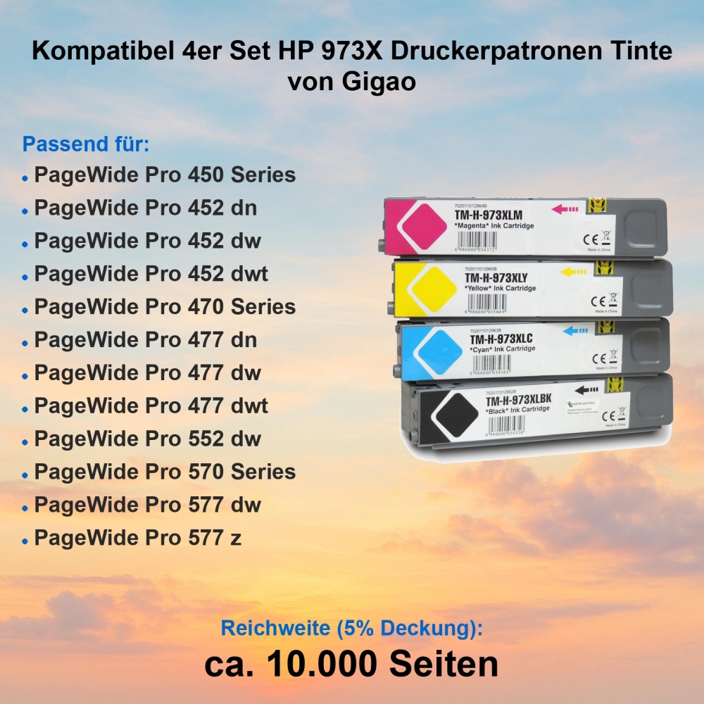 Kompatibel 4er Set HP 973X Druckerpatronen Tinte von Gigao