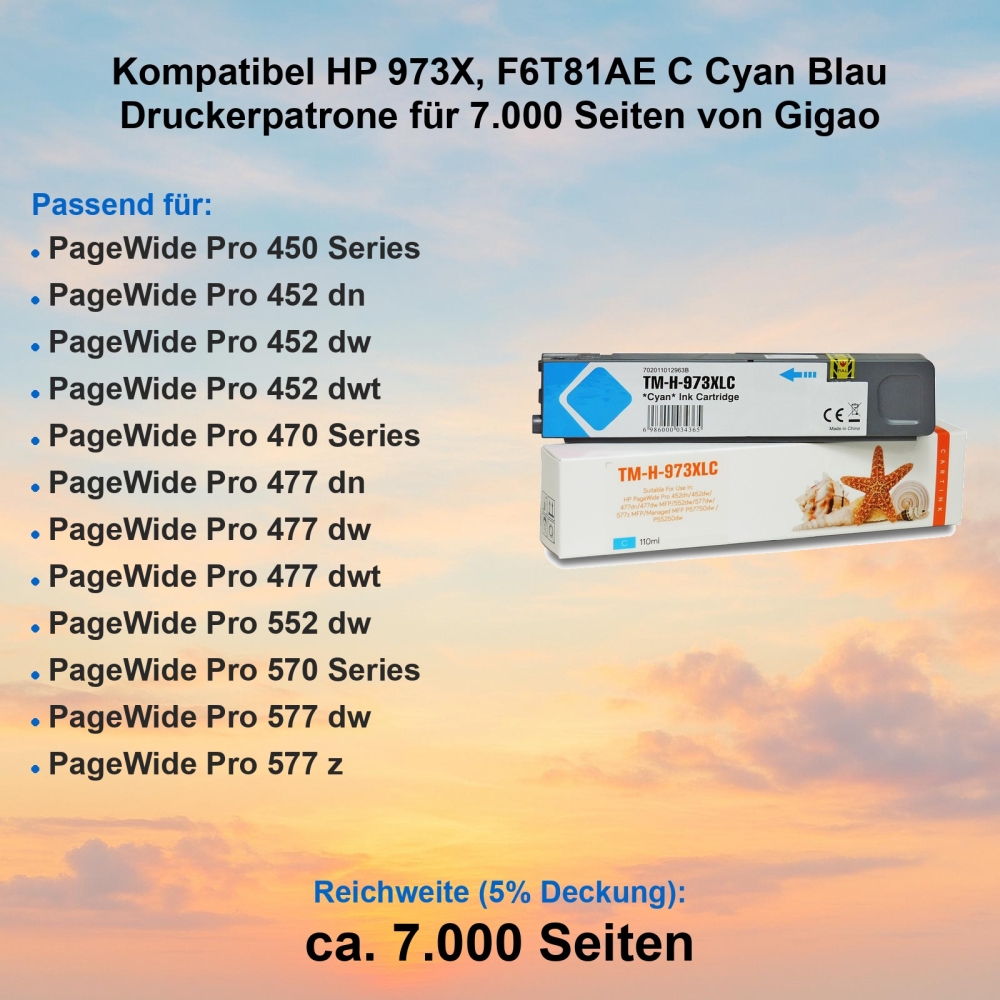 Kompatibel HP 973X, F6T81AE C Cyan Blau Gigao Druckerpatrone ca. 7.000 Seiten