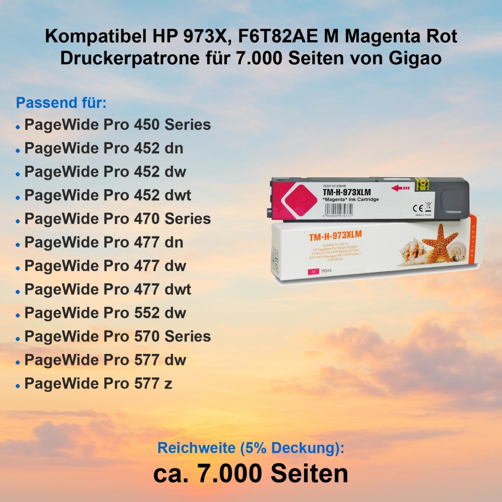 Kompatibel HP 973X, F6T82AE M Magenta Rot Druckerpatrone für 7.000 Seiten von Gigao
