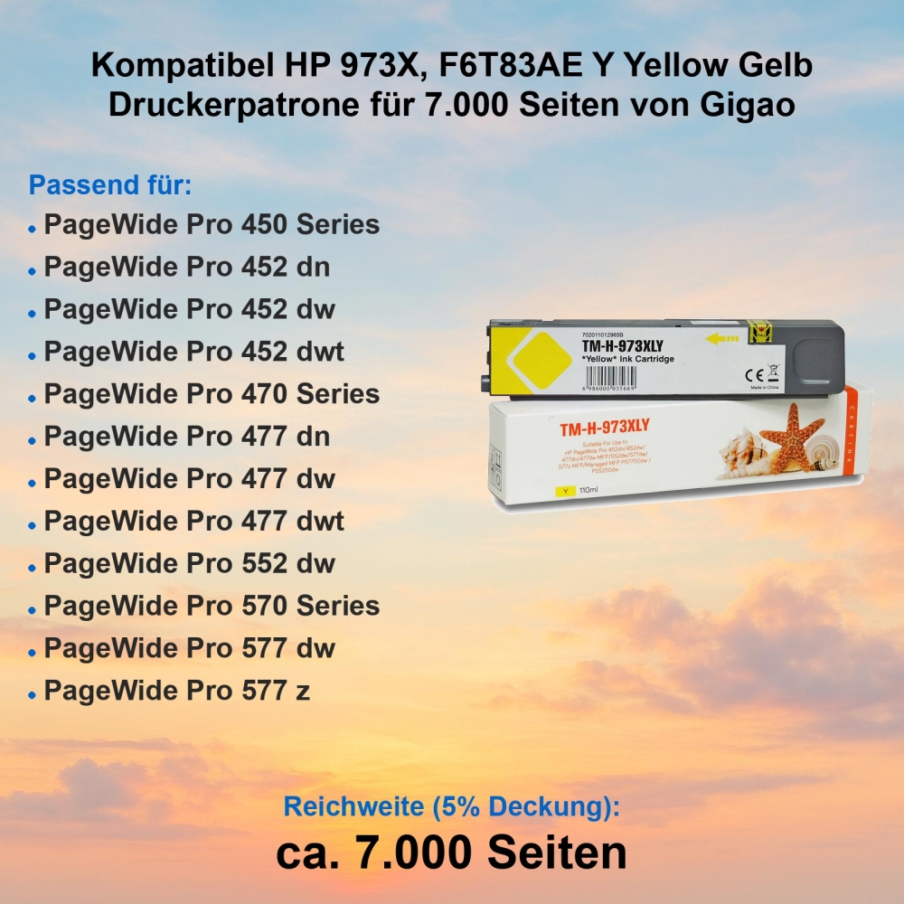 Kompatibel HP 973X, F6T83AE Y Yellow Gelb Gigao Druckerpatrone ca. 7.000 Seiten
