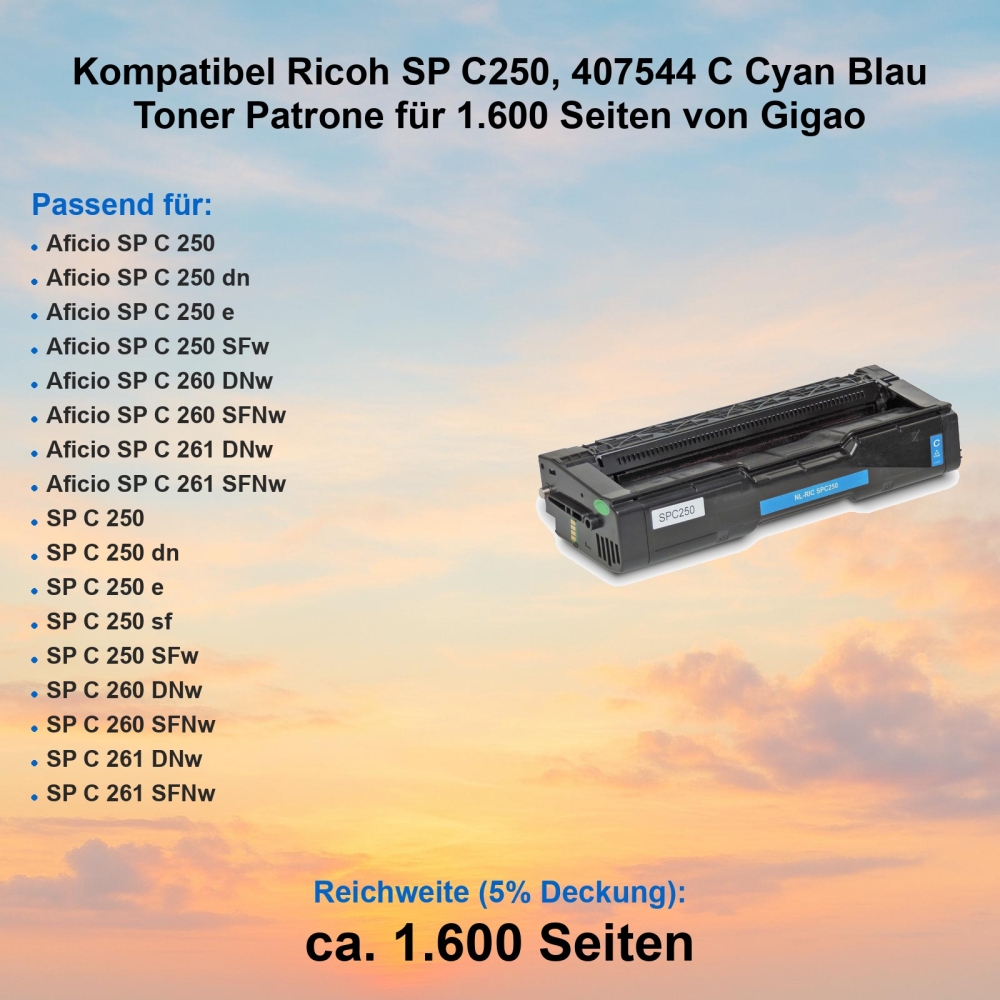 Kompatibel Ricoh SP C250, 407544 C Cyan Blau Toner Patrone für 1.600 Seiten von Gigao