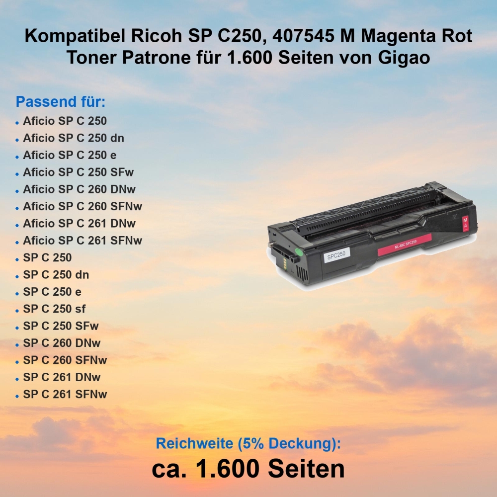 Kompatibel Ricoh SP C250, 407545 M Magenta Rot Toner Patrone für 1.600 Seiten von Gigao