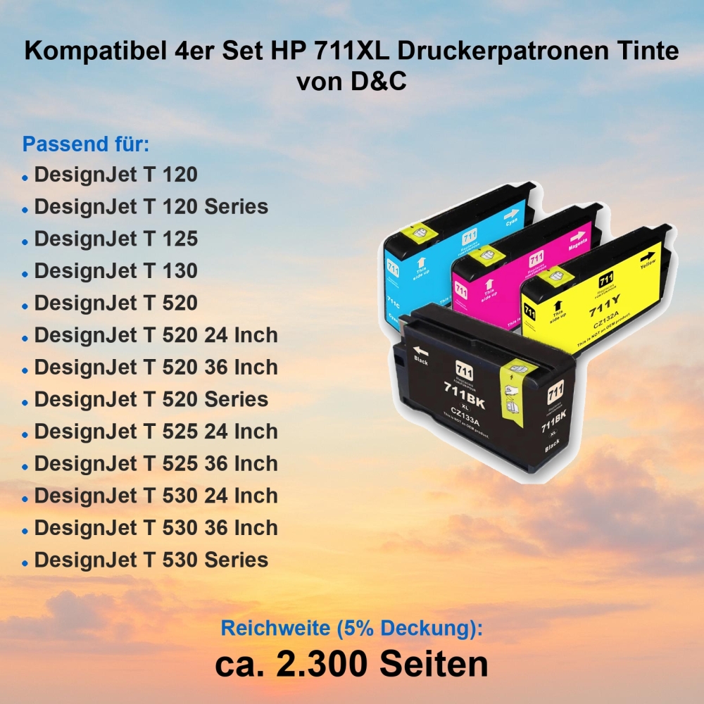 Kompatibel 4er Set HP 711XL Druckerpatronen Tinte von D&C