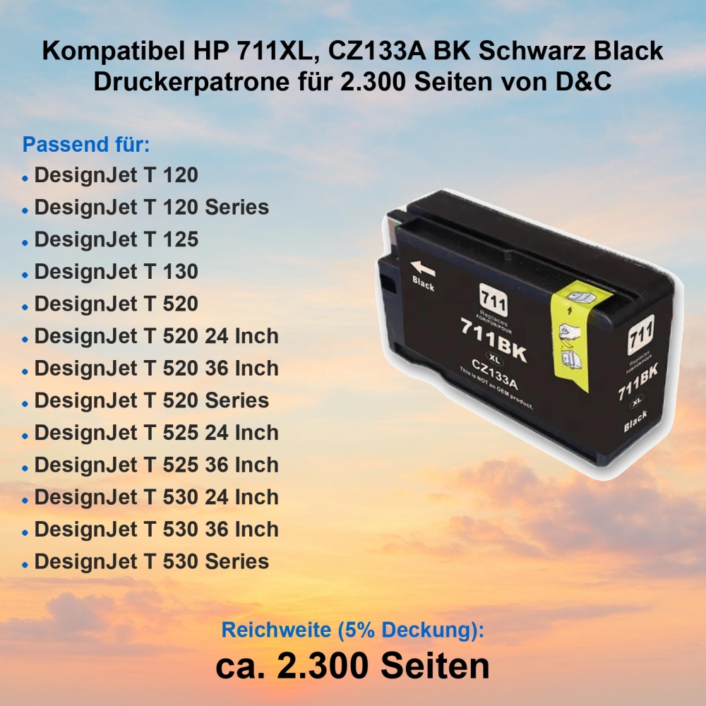 Kompatibel HP 711XL, CZ133A BK Schwarz Black Druckerpatrone für 2.300 Seiten von D&C