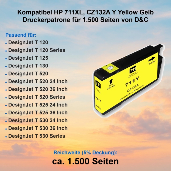 Kompatibel HP 711XL, CZ132A Y Yellow Gelb Druckerpatrone...