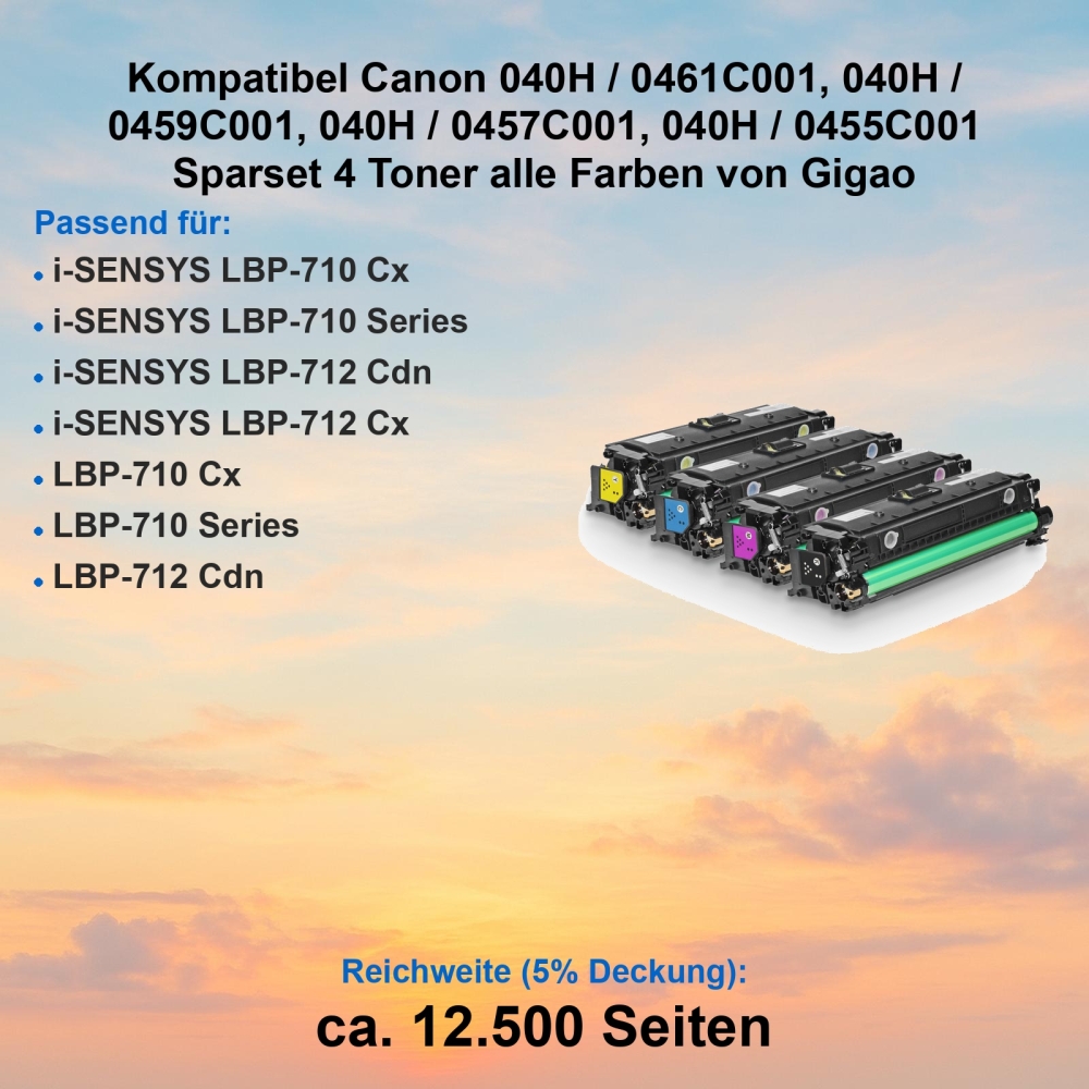 Kompatibel Canon 040H / 0461C001, 040H / 0459C001, 040H / 0457C001, 040H / 0455C001 Sparset 4 Toner alle Farben von Gigao
