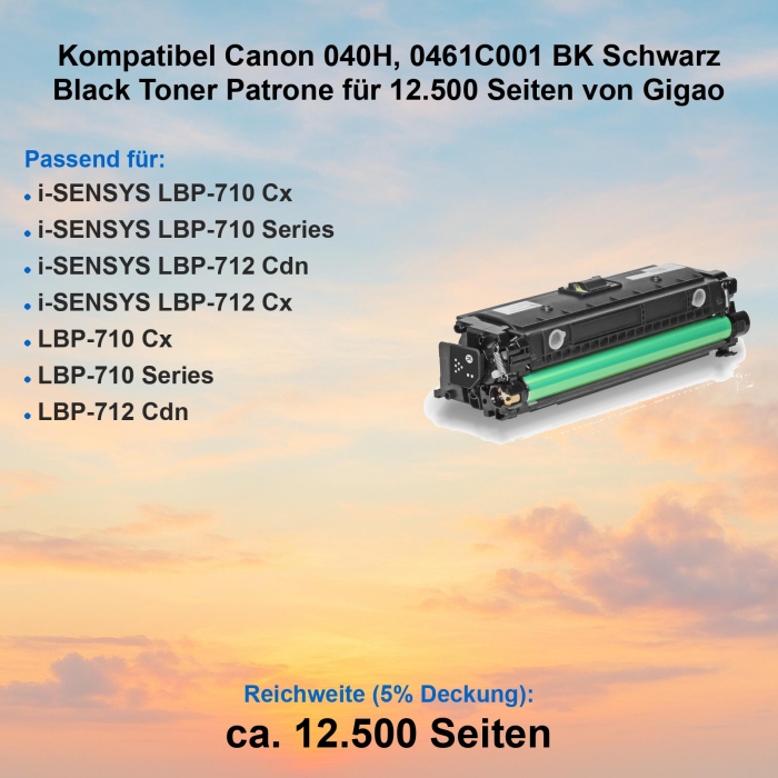 Kompatibel Canon 040H, 0461C001 BK Schwarz Black Toner Patrone für 12.500 Seiten von Gigao