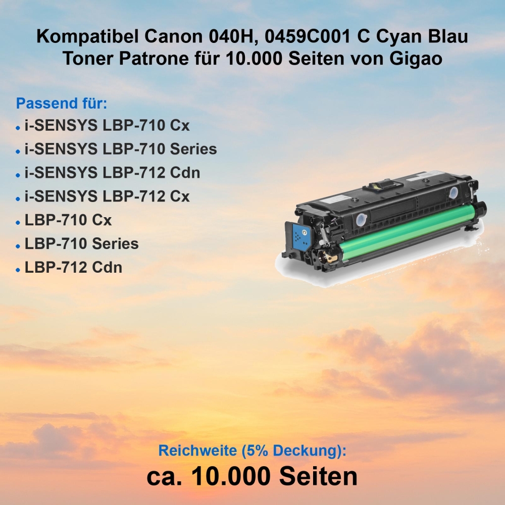 Kompatibel Canon 040H, 0459C001 C Cyan Blau Toner Patrone für 10.000 Seiten von Gigao