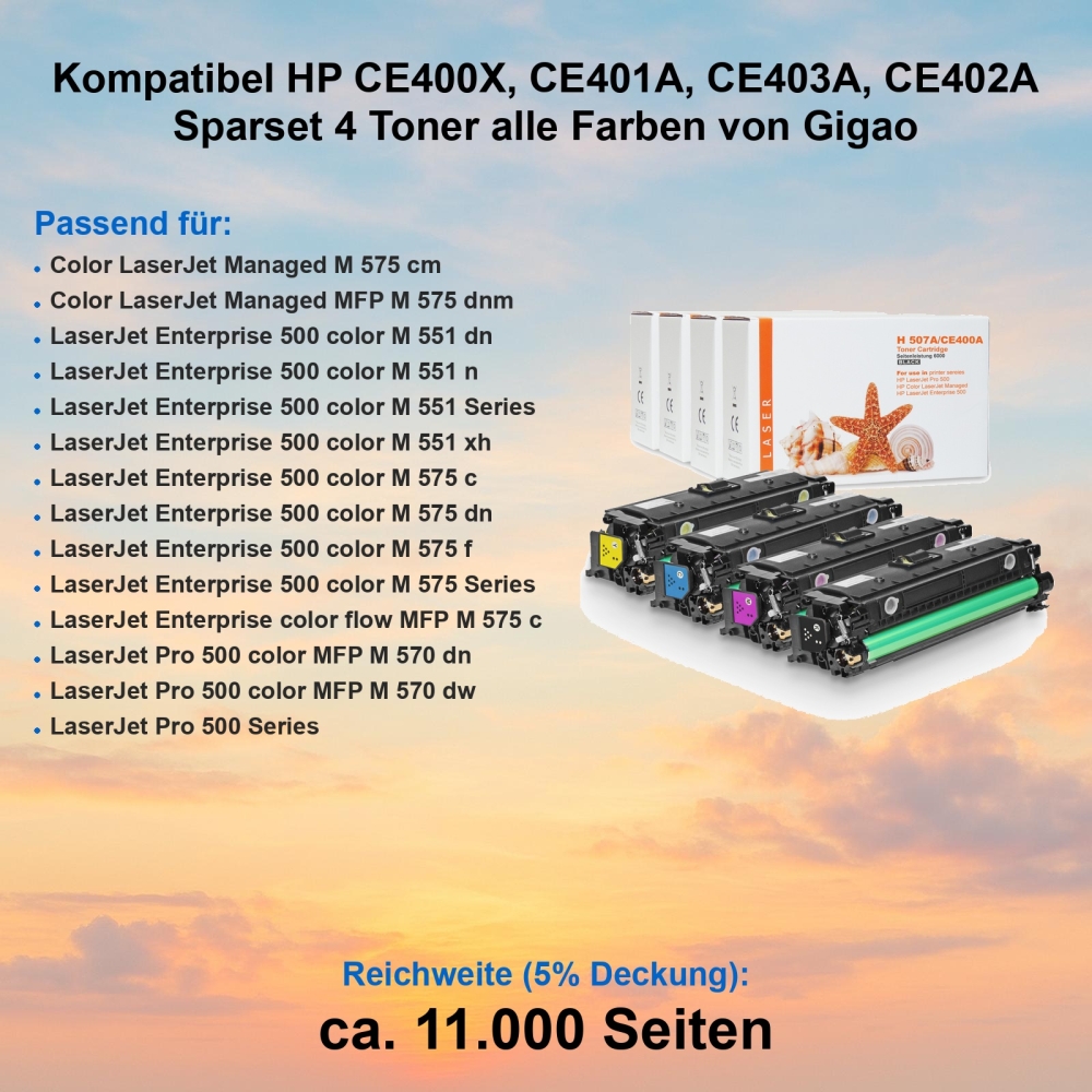 Kompatibel HP 507X CE400X, CE401A, CE403A, CE402A Sparset 4 Toner alle Farben von Gigao