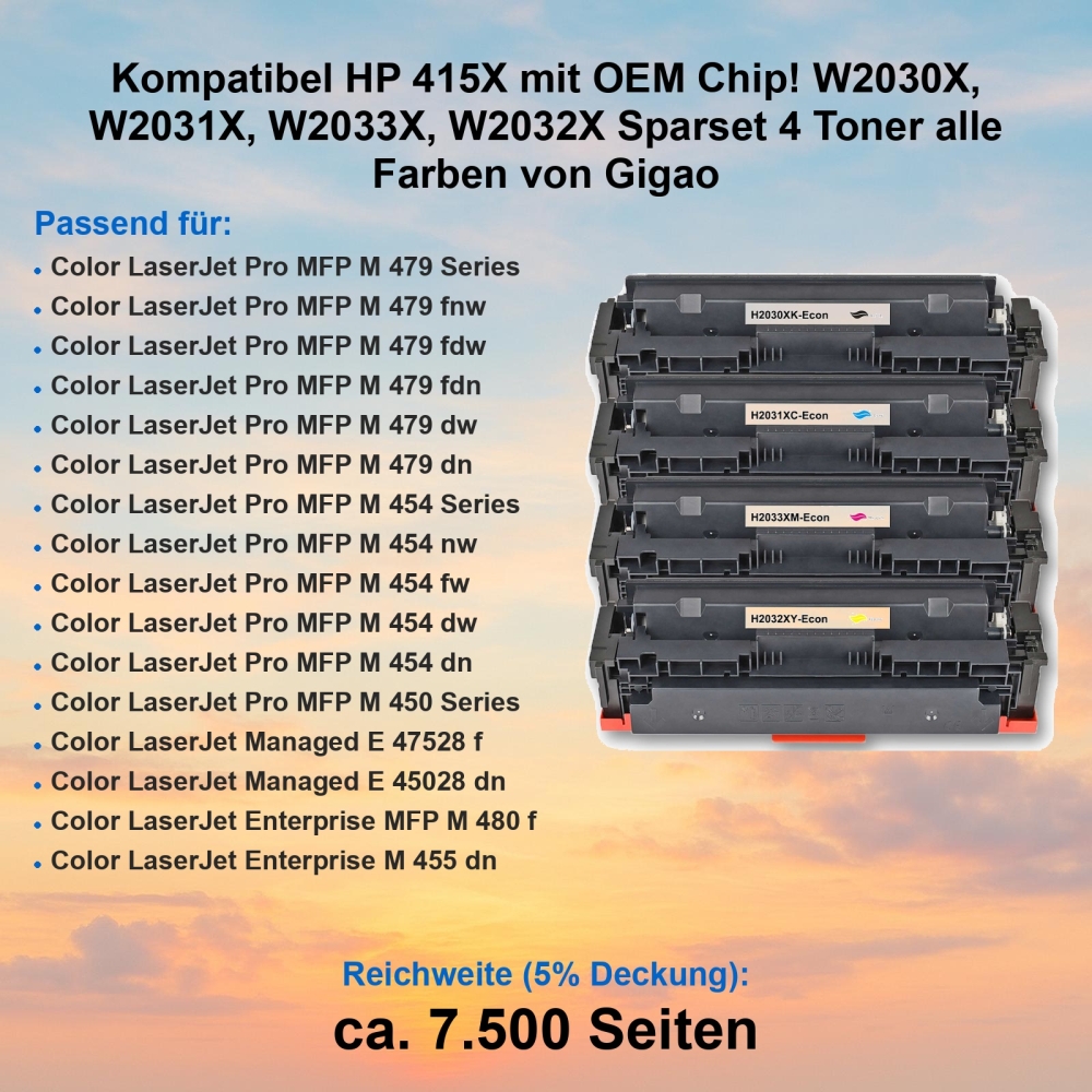 Kompatibel HP 415X mit OEM Chip! W2030X, W2031X, W2033X, W2032X Sparset 4 Toner alle Farben von Gigao