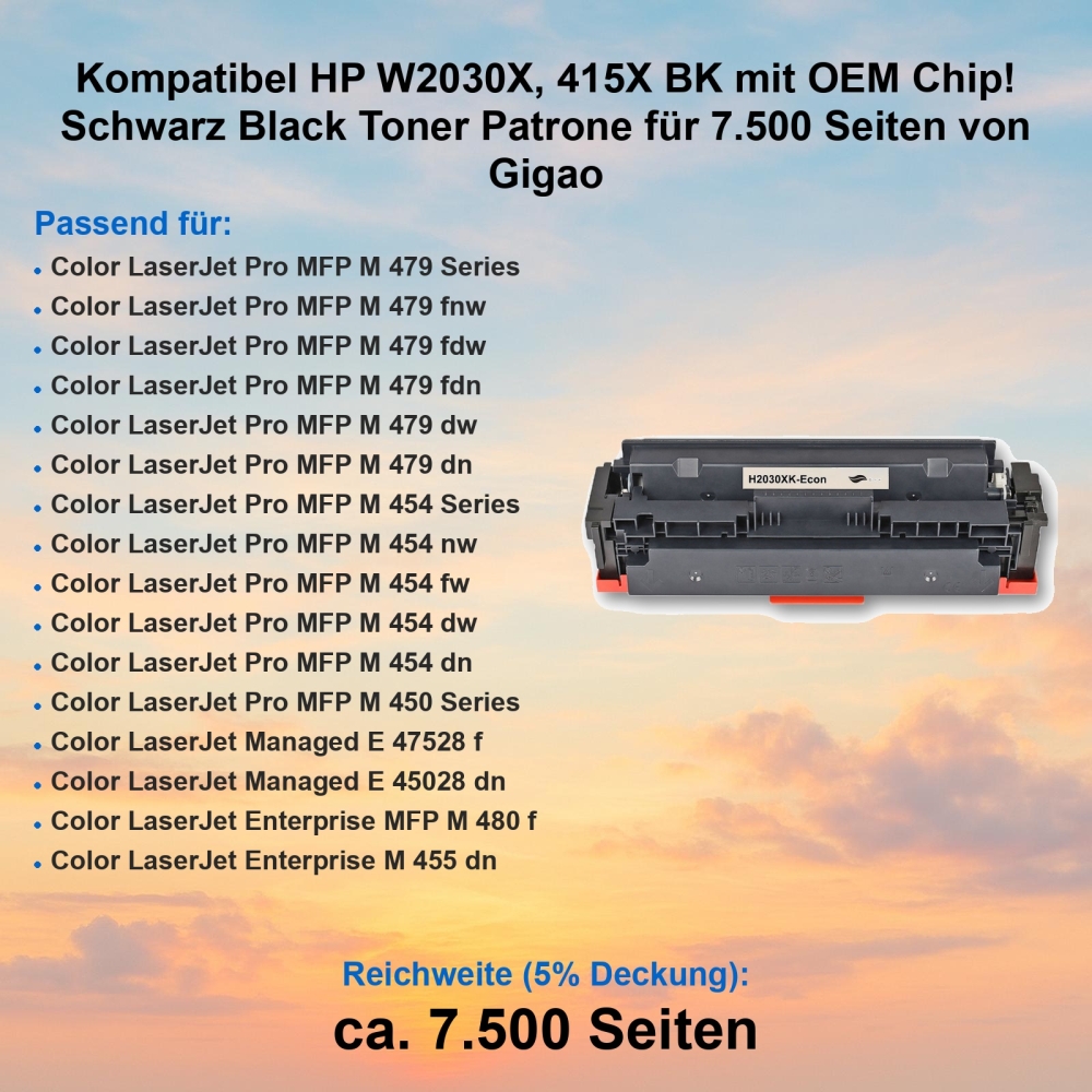 Kompatibel HP W2030X, 415X BK mit OEM Chip! Schwarz Black Toner Patrone für 7.500 Seiten von Gigao