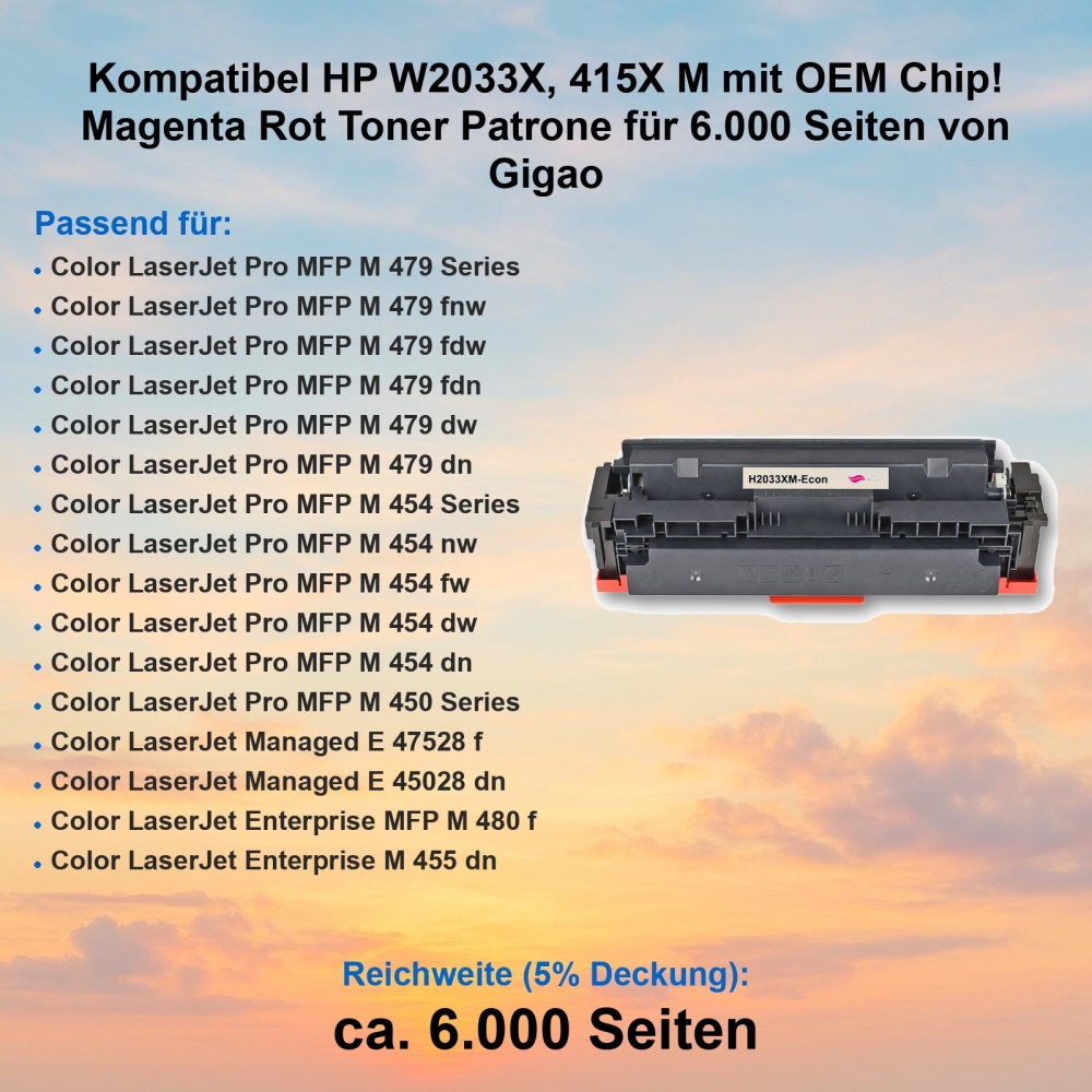 Kompatibel HP W2033X, 415X M mit OEM Chip! Magenta Rot Toner Patrone für 6.000 Seiten von Gigao