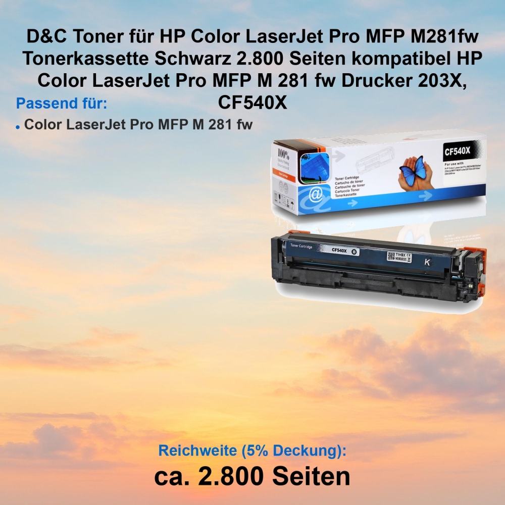 Kompatibel Toner HP Color LaserJet Pro MFP M281fw (203X, CF540X) Schwarz Tonerkassette für HP Color LaserJet Pro MFP M 281 fw Drucker