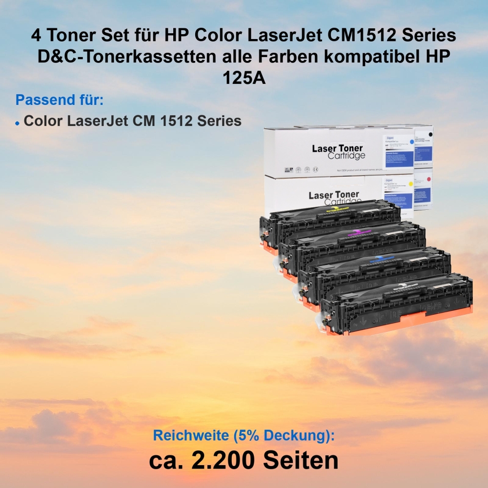 4 Toner Set für HP Color LaserJet CM1512 Series D&C-Tonerkassetten alle Farben kompatibel HP 125A