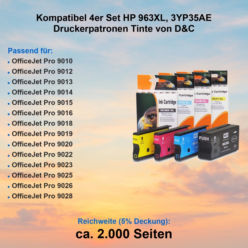 Kompatibel 4er Set HP 963XL, 3YP35AE Druckerpatronen Tinte von D&C