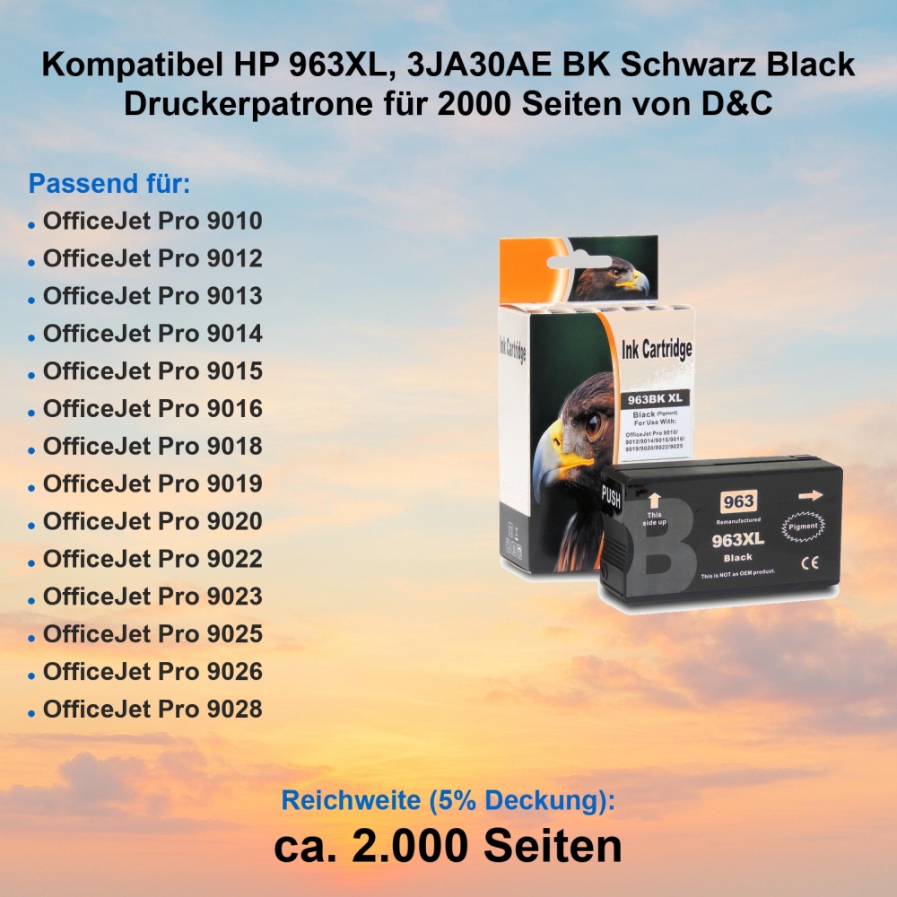 Kompatibel HP 963XL, 3JA30AE BK Schwarz Black Druckerpatrone für 2000 Seiten von D&C
