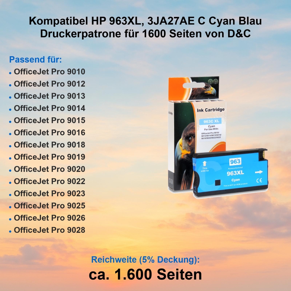 Kompatibel HP 963XL, 3JA27AE C Cyan Blau Druckerpatrone für 1600 Seiten von D&C