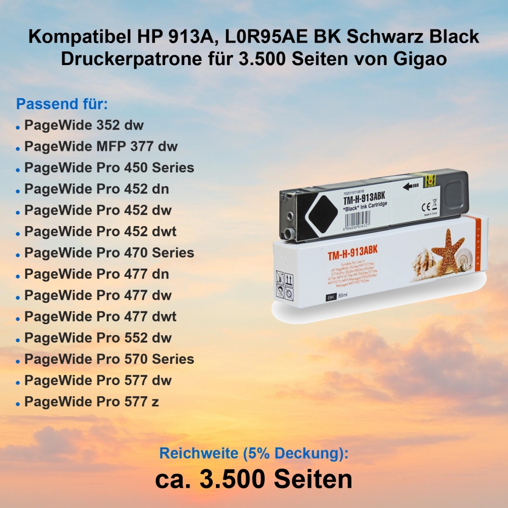 Kompatibel HP 913A, L0R95AE BK Schwarz Black Druckerpatrone für 3.500 Seiten von Gigao