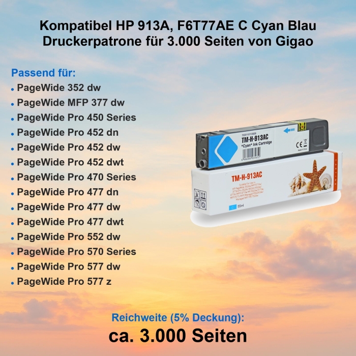 Kompatibel HP 913A, F6T77AE C Cyan Blau Druckerpatrone...