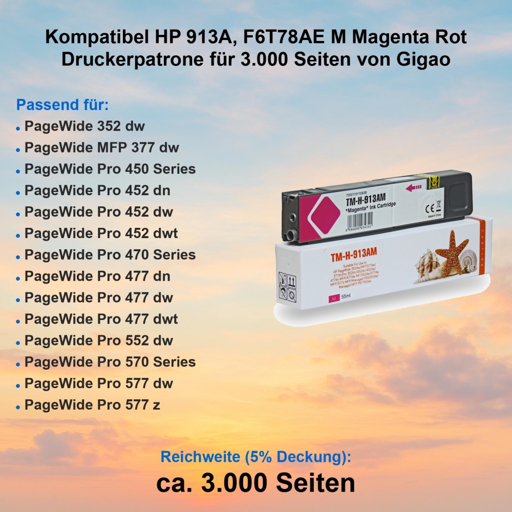 Kompatibel HP 913A, F6T78AE M Magenta Rot Druckerpatrone für 3.000 Seiten von Gigao