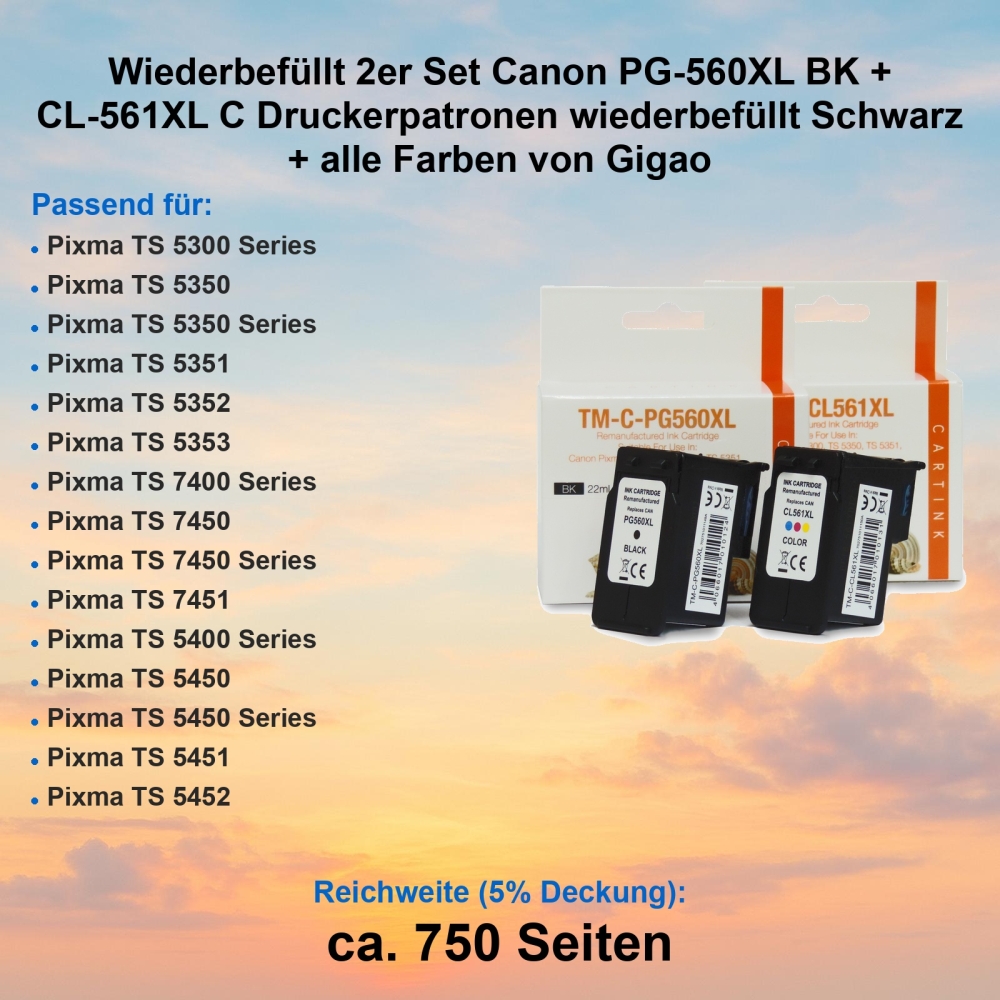 Kompatibel 2er Set Canon PG-560XL BK + CL-561XL C Druckerpatronen Schwarz + alle Farben von Gigao