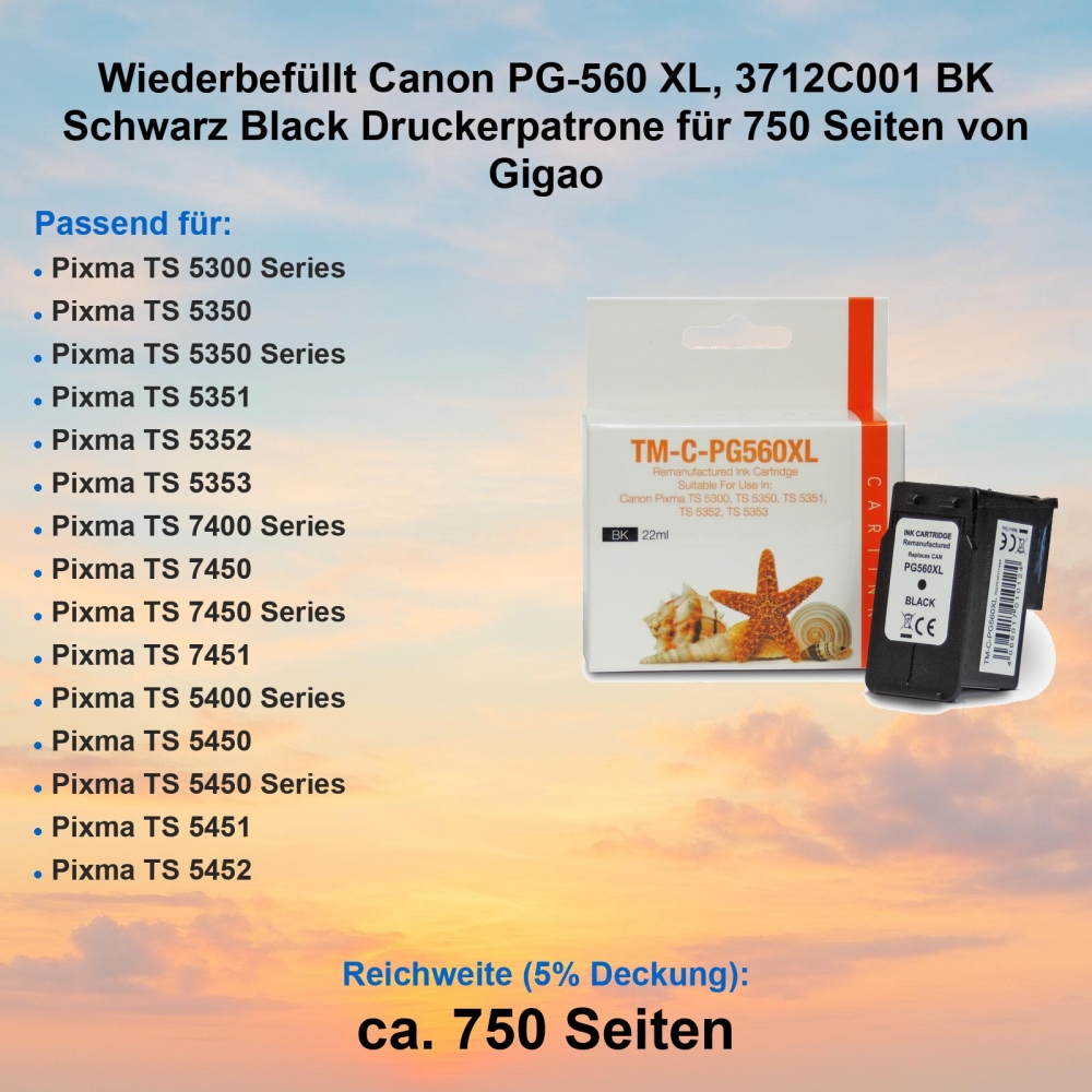 Kompatibel Canon PG-560 XL, 3712C001 BK Schwarz Black Druckerpatrone für 750 Seiten von Gigao