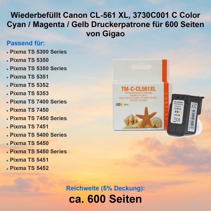 Kompatibel Canon CL-561 XL, 3730C001 C Color Cyan /...