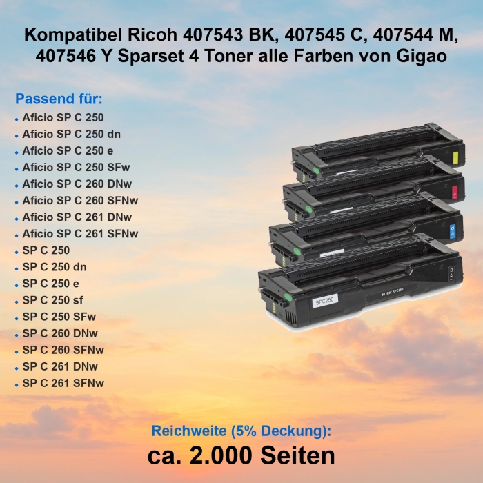 Kompatibel Ricoh 407543 BK, 407545 C, 407544 M, 407546 Y Sparset 4 Toner alle Farben von Gigao