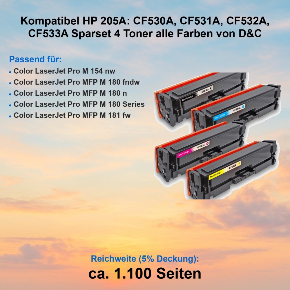 Kompatibel HP 205A: CF530A, CF531A, CF532A, CF533A Sparset 4 Toner alle Farben von D&C