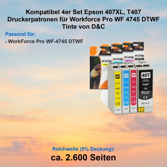 Kompatibel 4er Set Epson 407XL, T407 Druckerpatronen für Workforce Pro WF 4745 DTWF Tinte von D&C