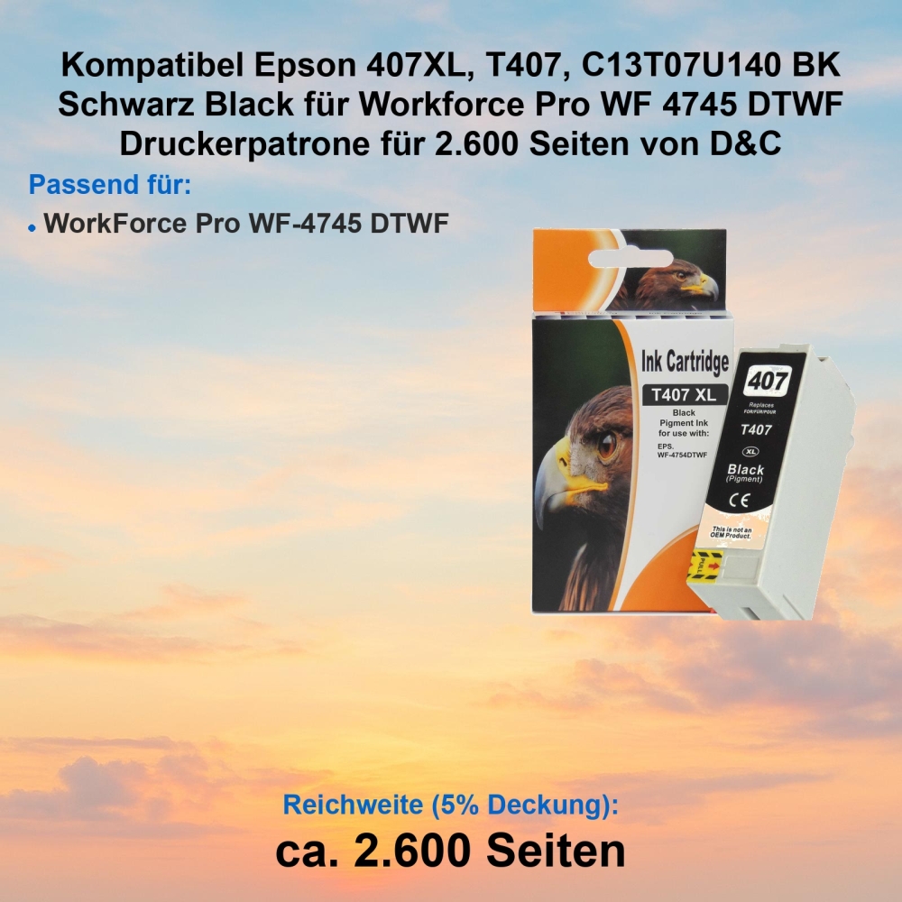 Kompatibel Epson 407XL, T407, C13T07U140 BK Schwarz Black für Workforce Pro WF 4745 DTWF Druckerpatrone für 2.600 Seiten von D&C
