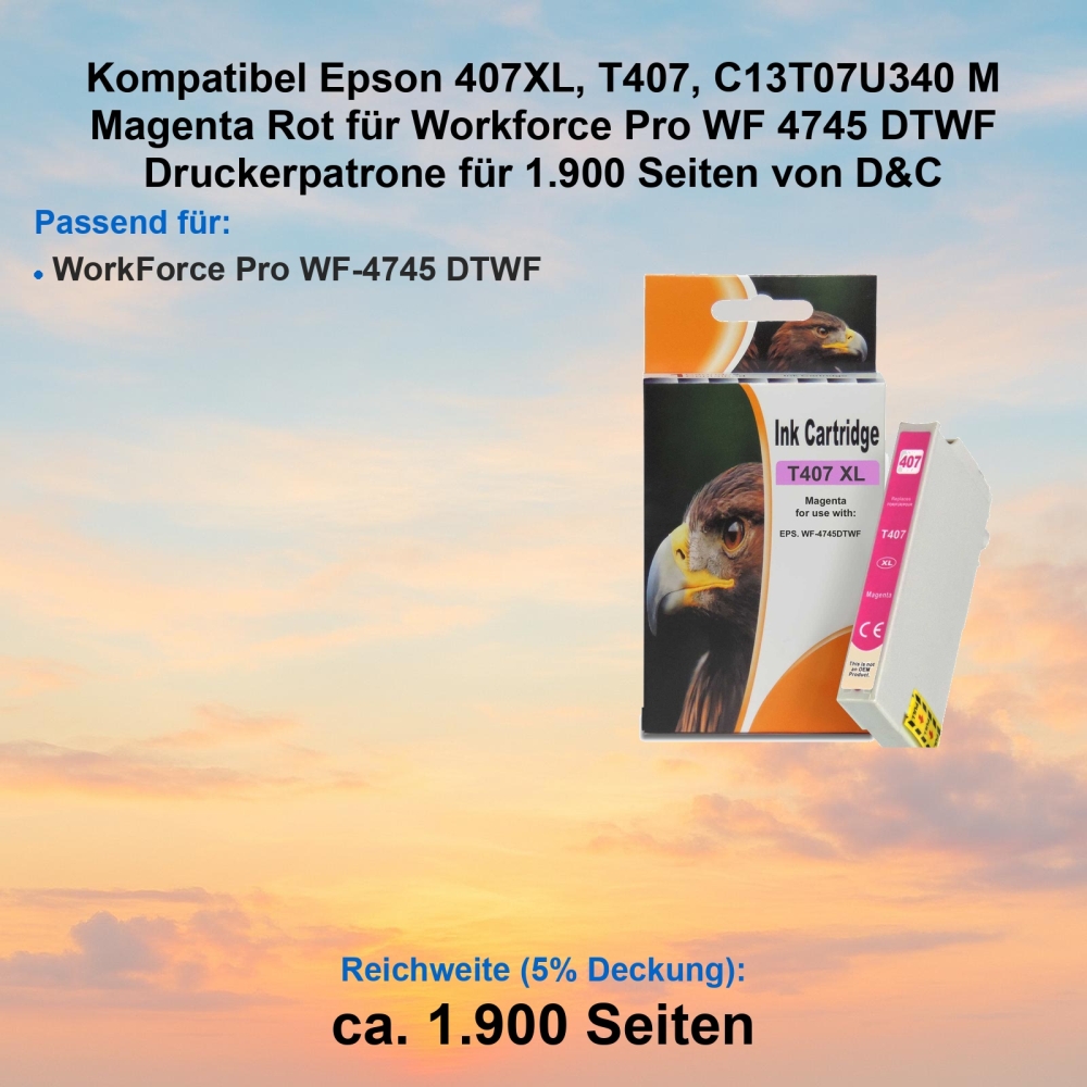 Kompatibel Epson 407XL, T407, C13T07U340 M Magenta Rot für Workforce Pro WF 4745 DTWF Druckerpatrone für 1.900 Seiten von D&C