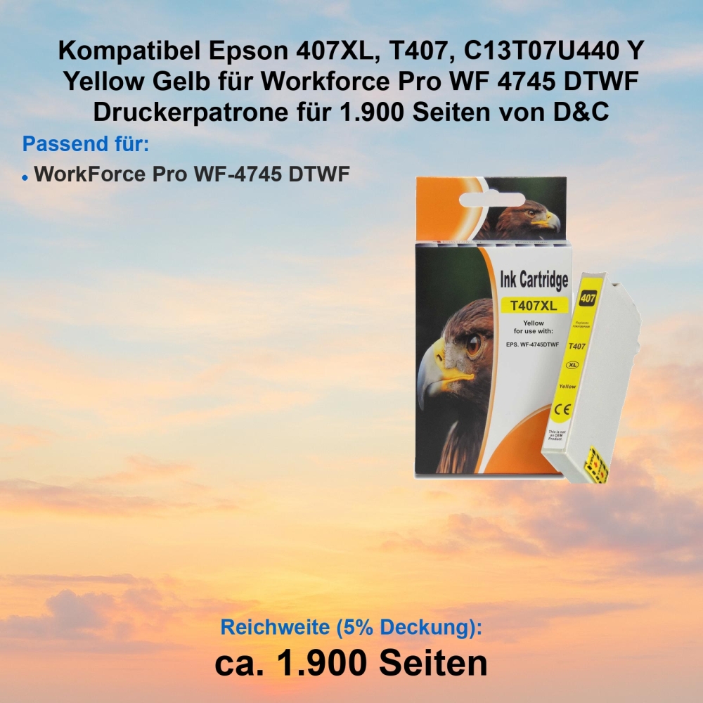Kompatibel Epson 407XL, T407, C13T07U440 Y Yellow Gelb für Workforce Pro WF 4745 DTWF Druckerpatrone für 1.900 Seiten von D&C